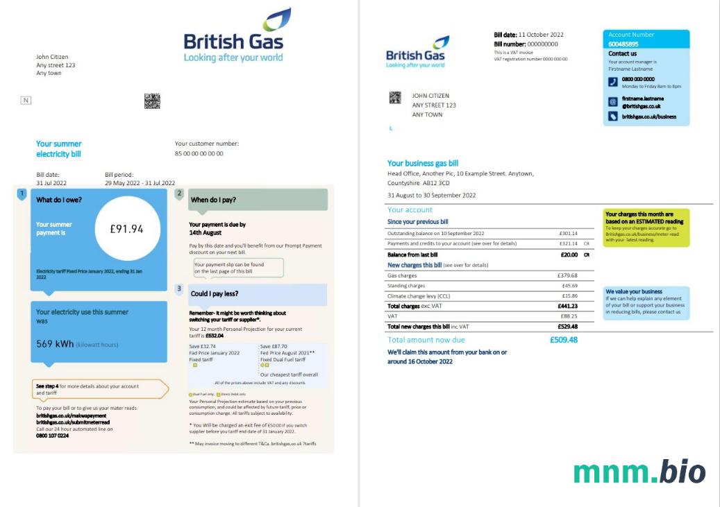 Wielka Brytania British Gas bill, Word i PDF template, 2 strony
